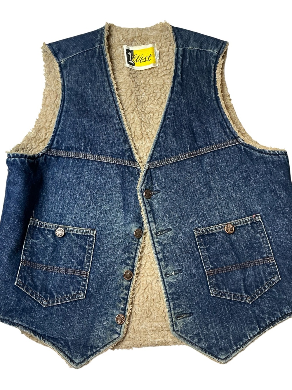 Vintage 70s/80s 1 West Sherpa lined medium wash denim vest SZ L
